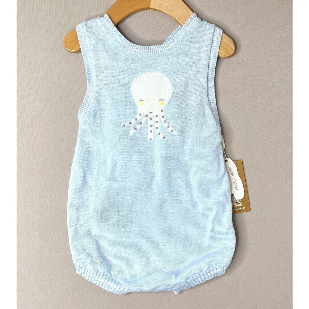NWT Angel Dear Blue Octopus Intarsia Knit Short Romper Boys Girls 6/9/12 Mo